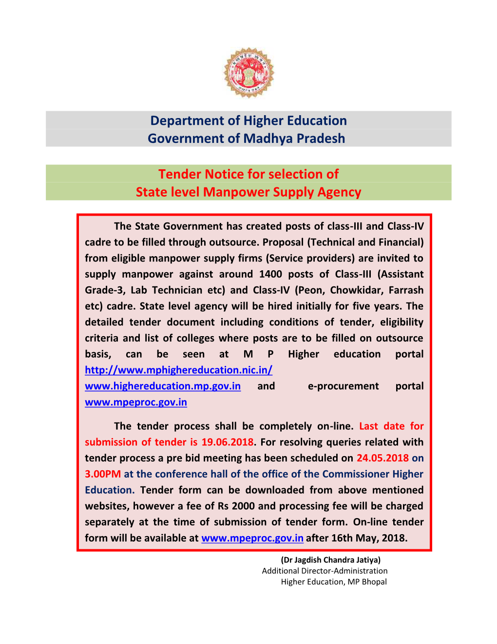 Department of Higher Education Government of Madhya Pradesh P Tender Notice for Selection of State Level Manpower Supply Agency