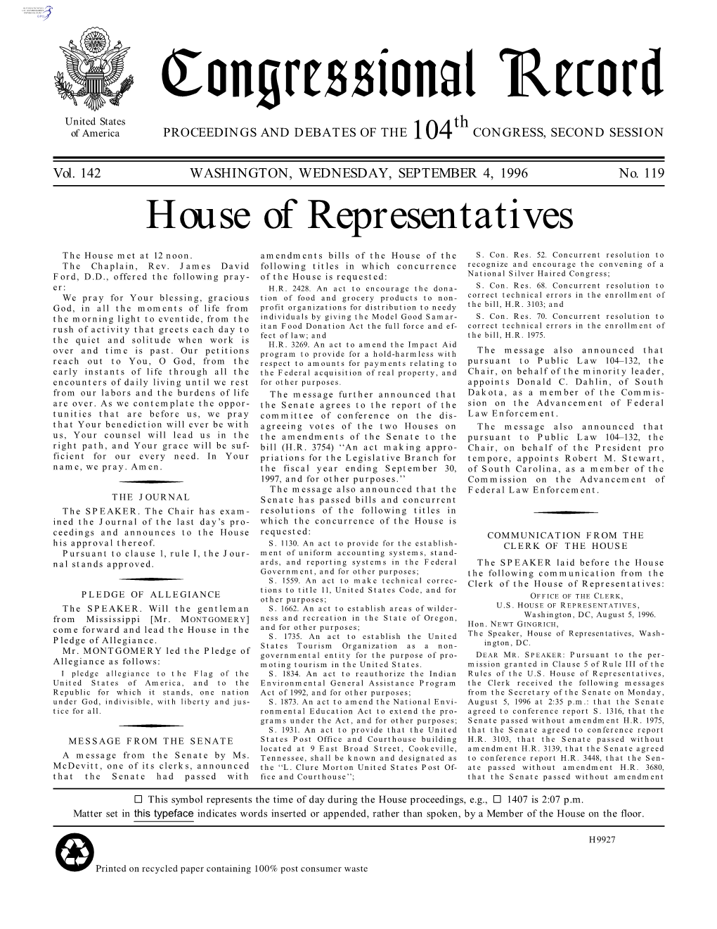 Congressional Record United States Th of America PROCEEDINGS and DEBATES of the 104 CONGRESS, SECOND SESSION