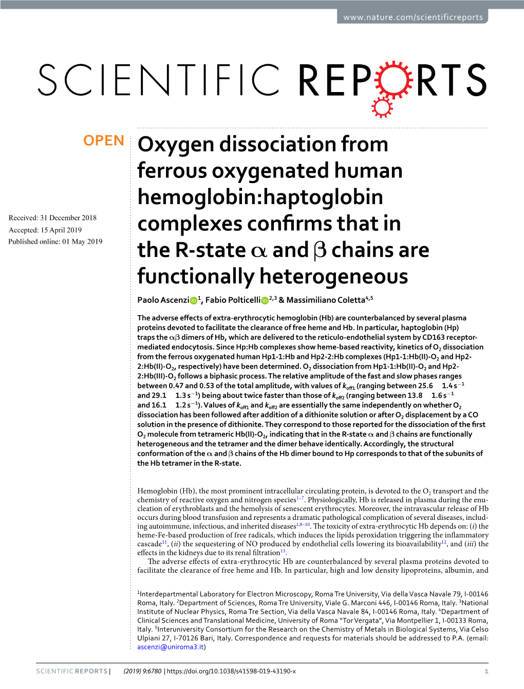 Oxygen Dissociation from Ferrous Oxygenated Human Hemoglobin