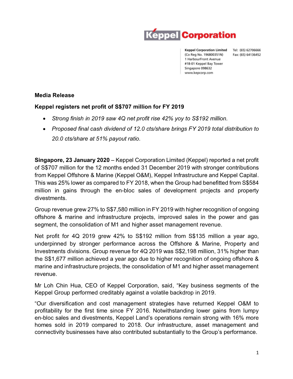 Media Release Keppel Registers Net Profit of S$707 Million for FY 2019