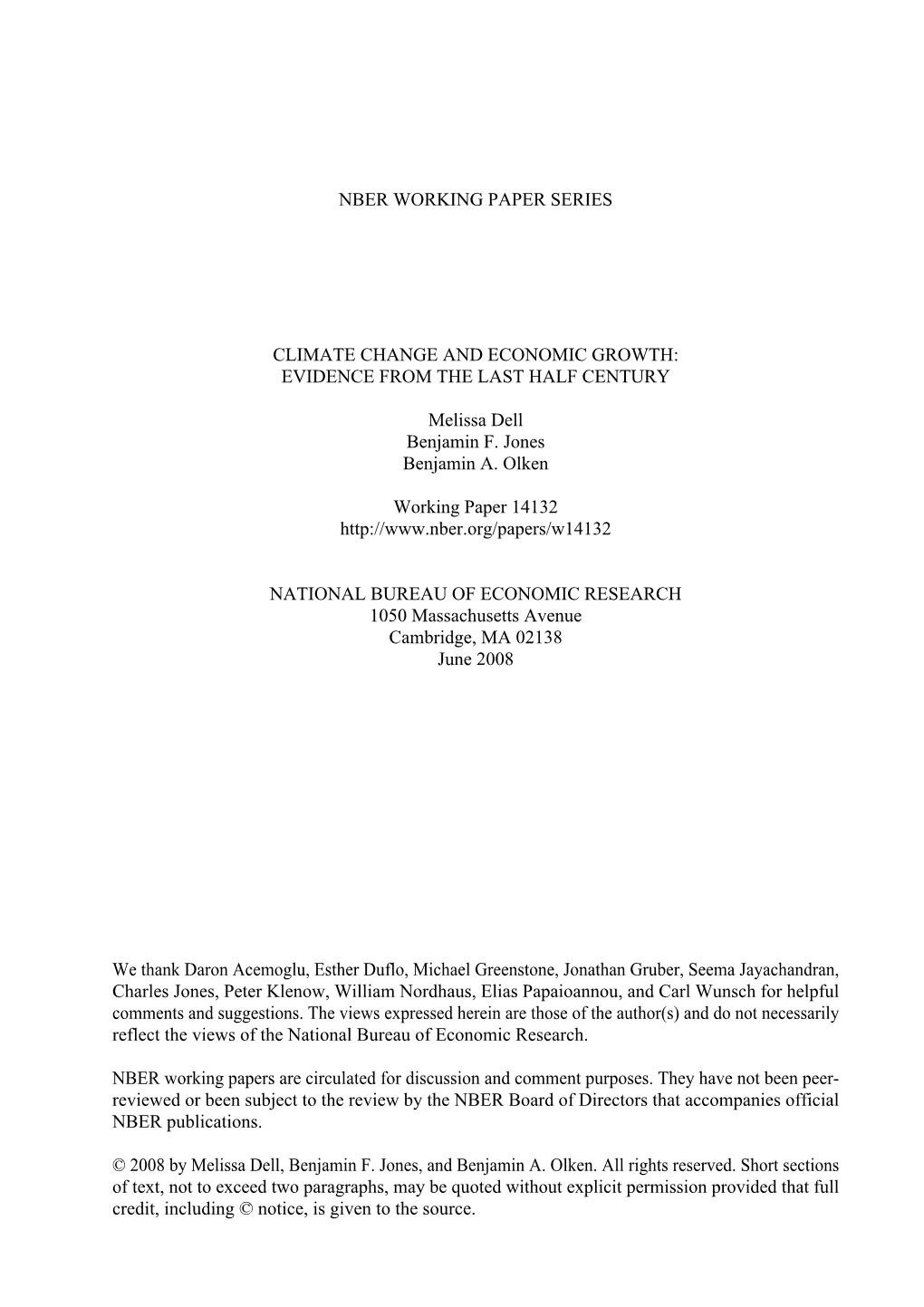 Nber Working Paper Series Climate Change And