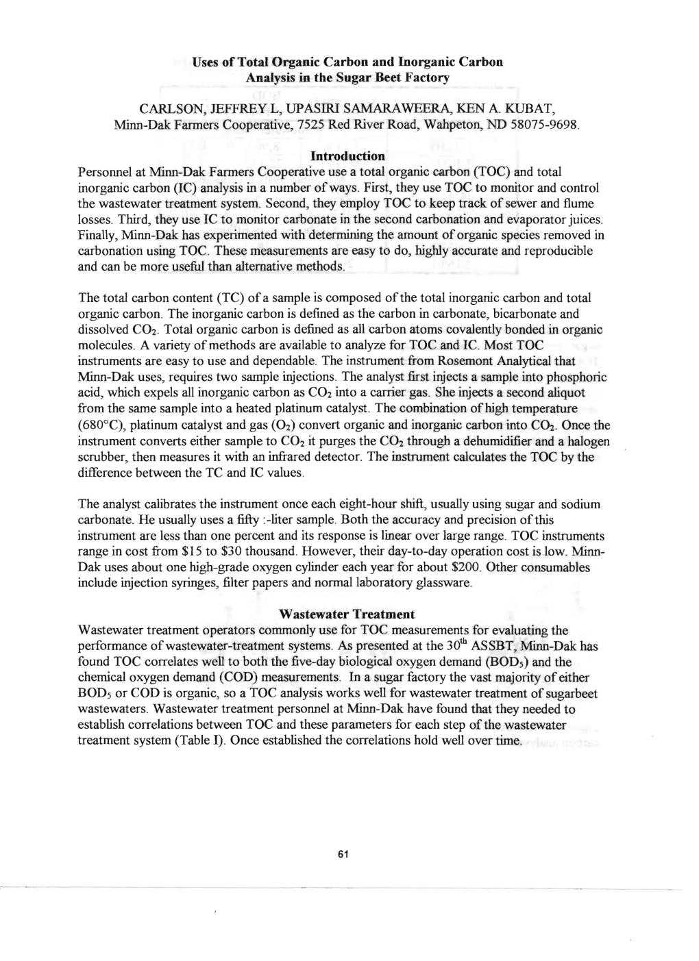 Uses of Total Organic Carbon and Inorganic Carbon Analysis in the Sugar Beet Factory