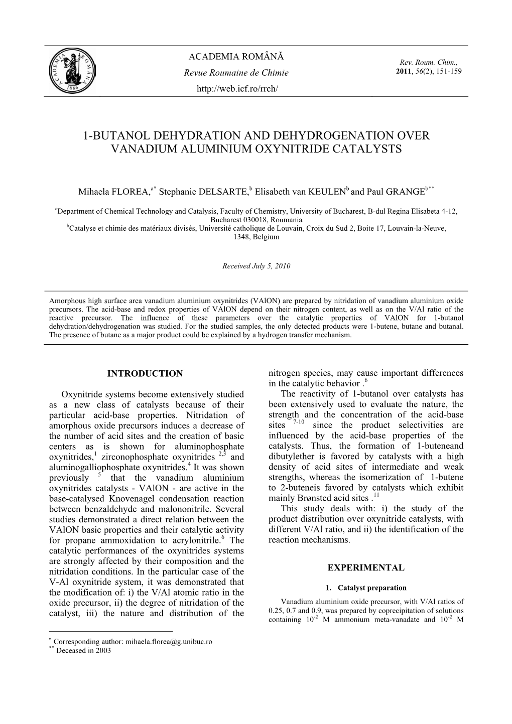 1-Butanol Dehydration and Dehydrogenation Over Vanadium Aluminium Oxynitride Catalysts