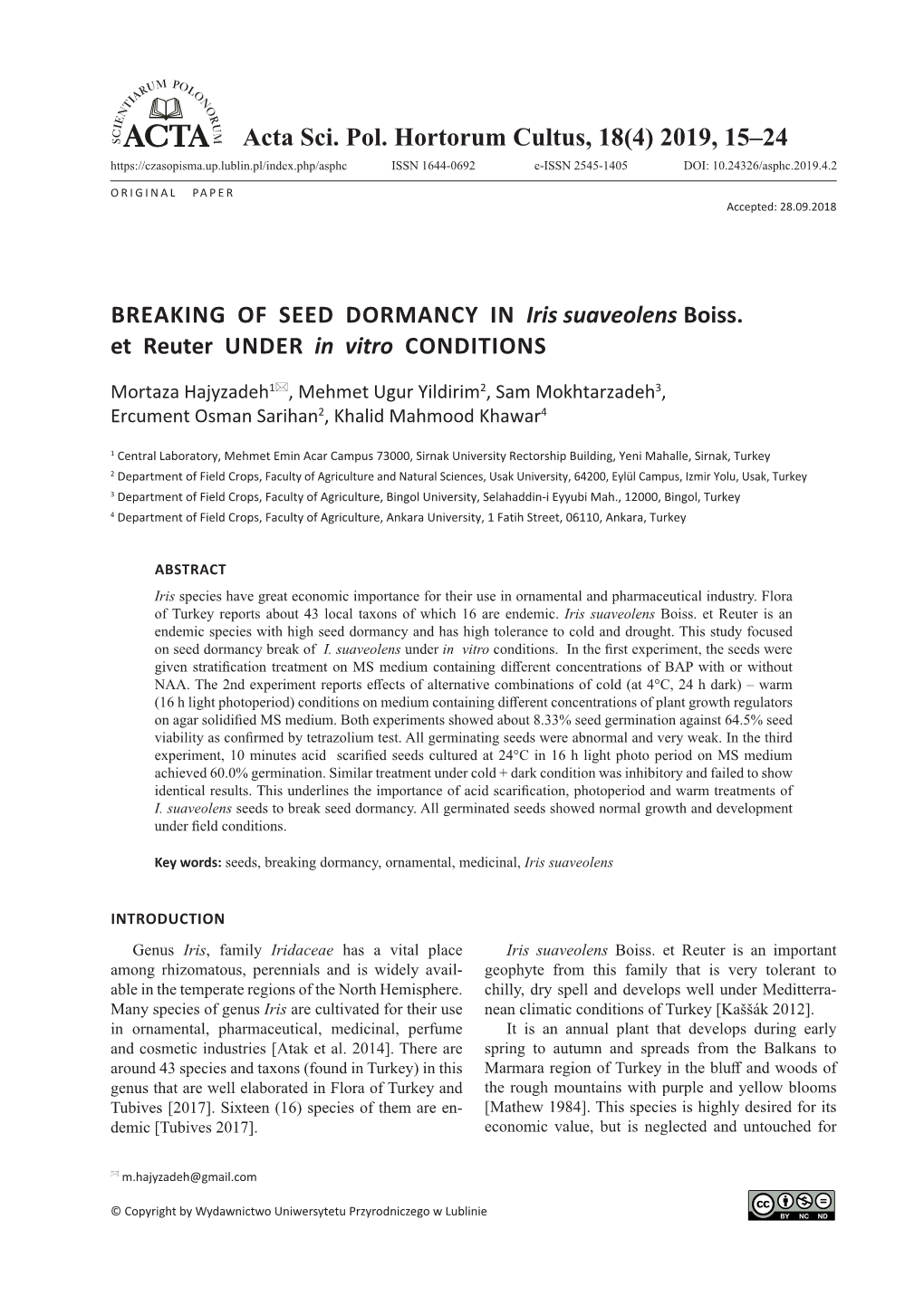 2019, 15–24 BREAKING of SEED DORMANCY in Iris Suaveolens