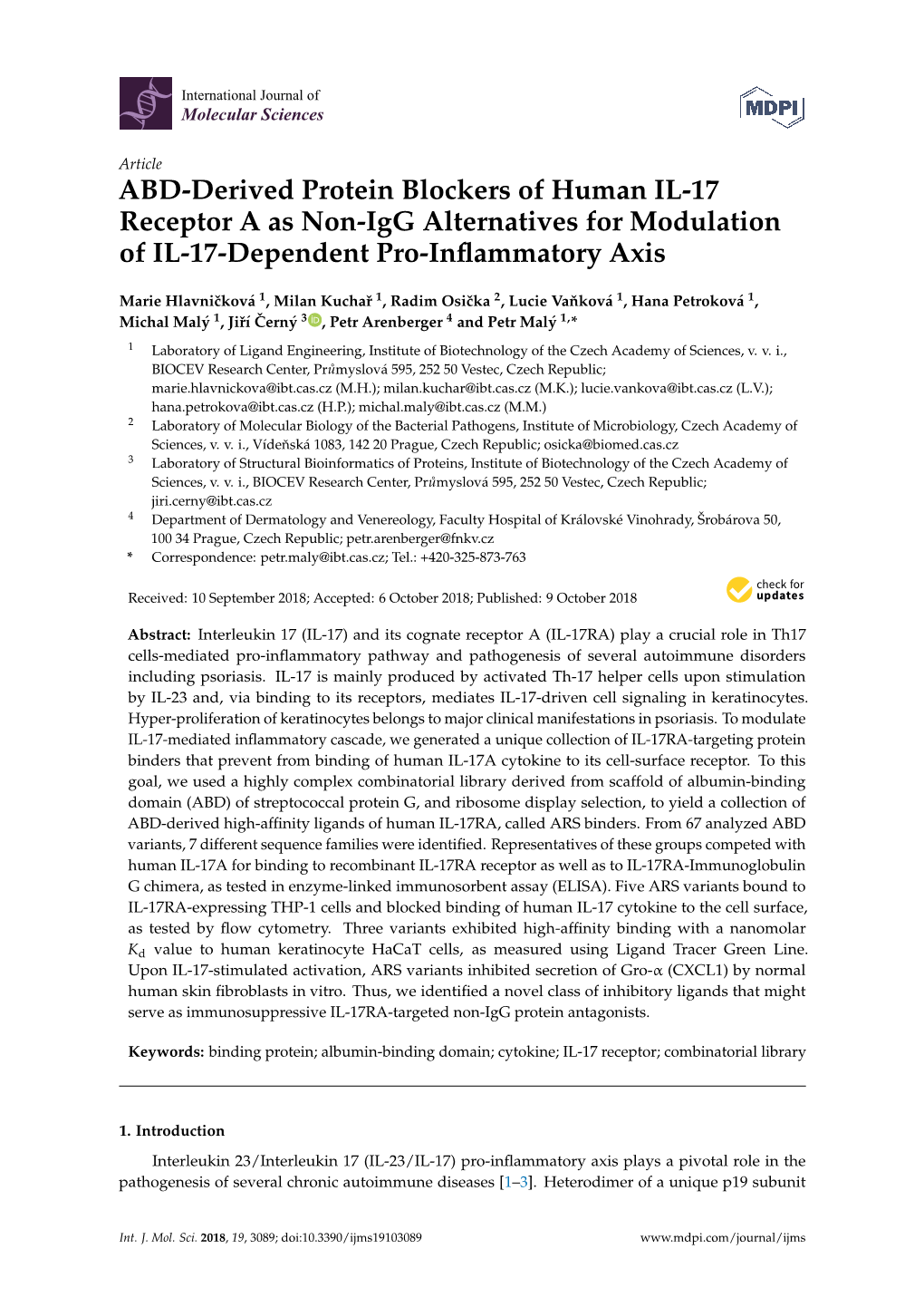 ABD-Derived Protein Blockers of Human IL-17 Receptor a As Non-Igg Alternatives for Modulation of IL-17-Dependent Pro-Inﬂammatory Axis