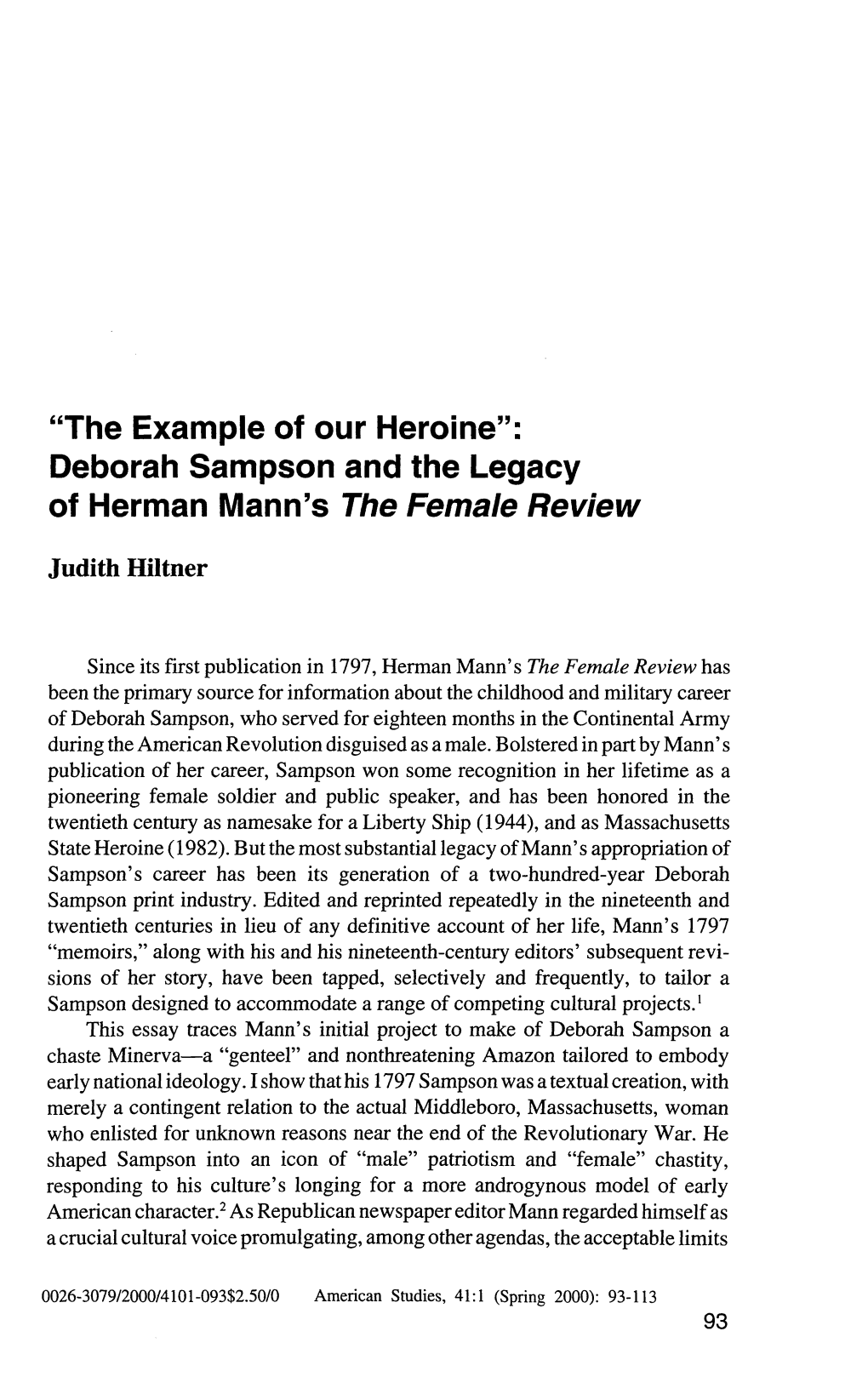 Deborah Sampson and the Legacy of Herman Mann's the Female Review Judith Hiltner