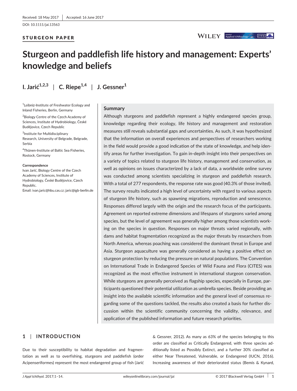 Sturgeon and Paddlefish Life History and Management: Experts’ Knowledge and Beliefs