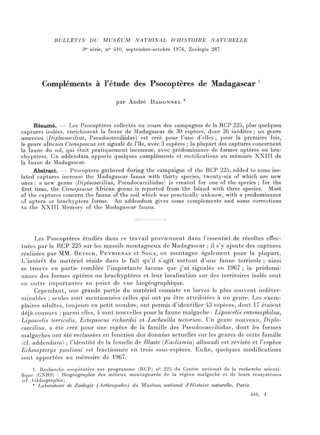 Compléments À L'étude Des Psocoptères De Madagascar 1
