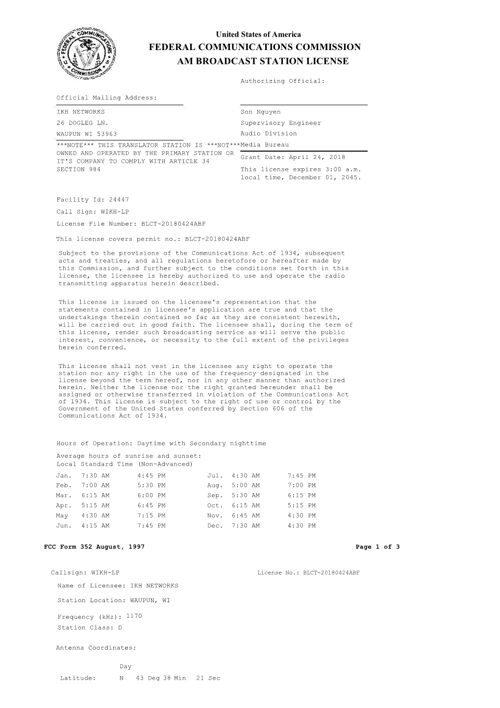 Federal Communications Commission Am Broadcast Station License