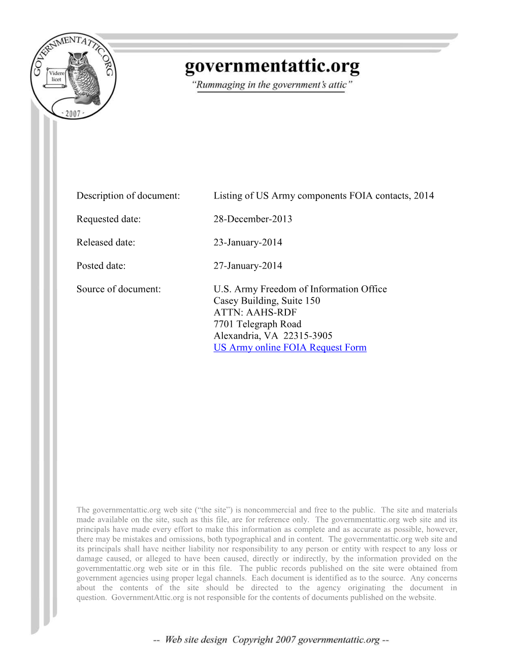 Listing of US Army Components FOIA Contacts, 2014