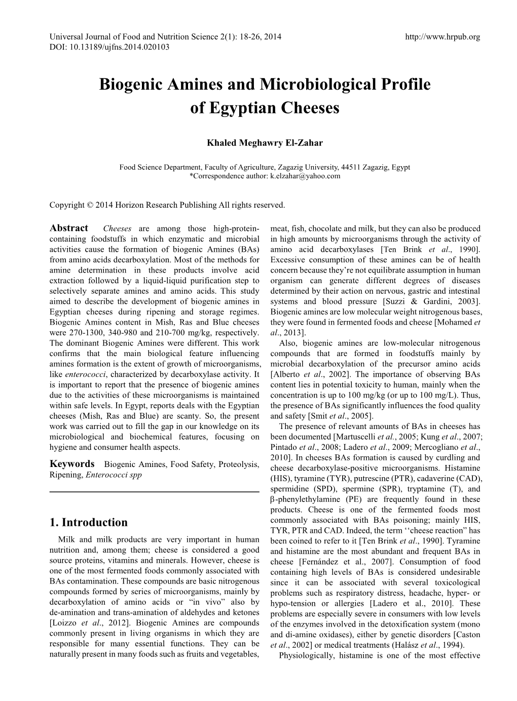 Biogenic Amines and Microbiological Profile of Egyptian Cheeses