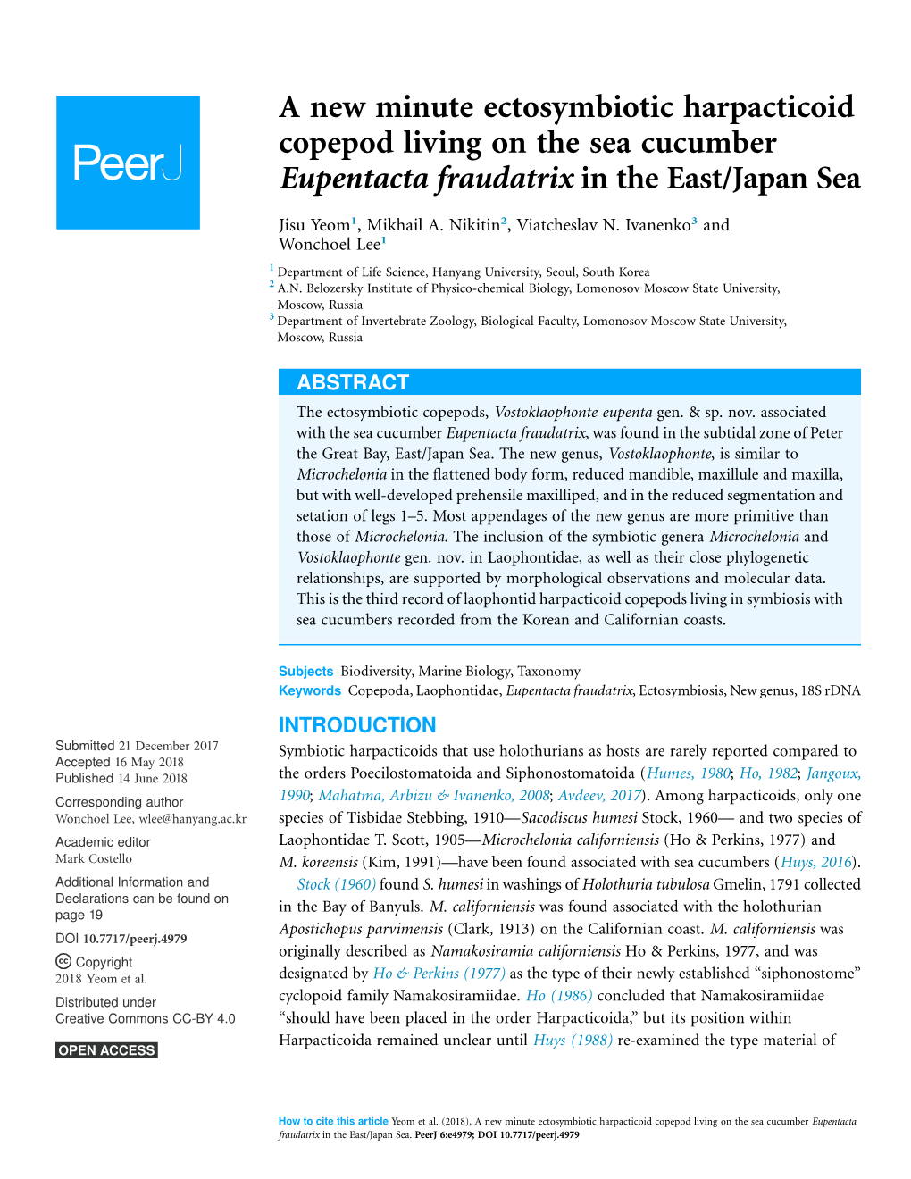 A New Minute Ectosymbiotic Harpacticoid Copepod Living on the Sea Cucumber Eupentacta Fraudatrix in the East/Japan Sea