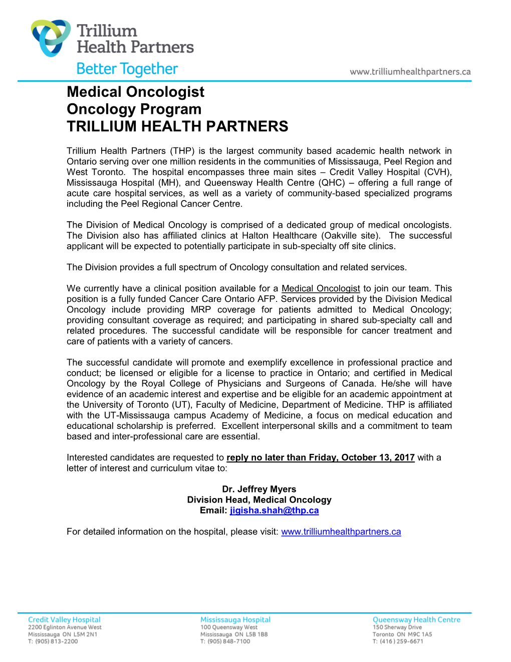 Medical Oncologist Oncology Program TRILLIUM HEALTH PARTNERS