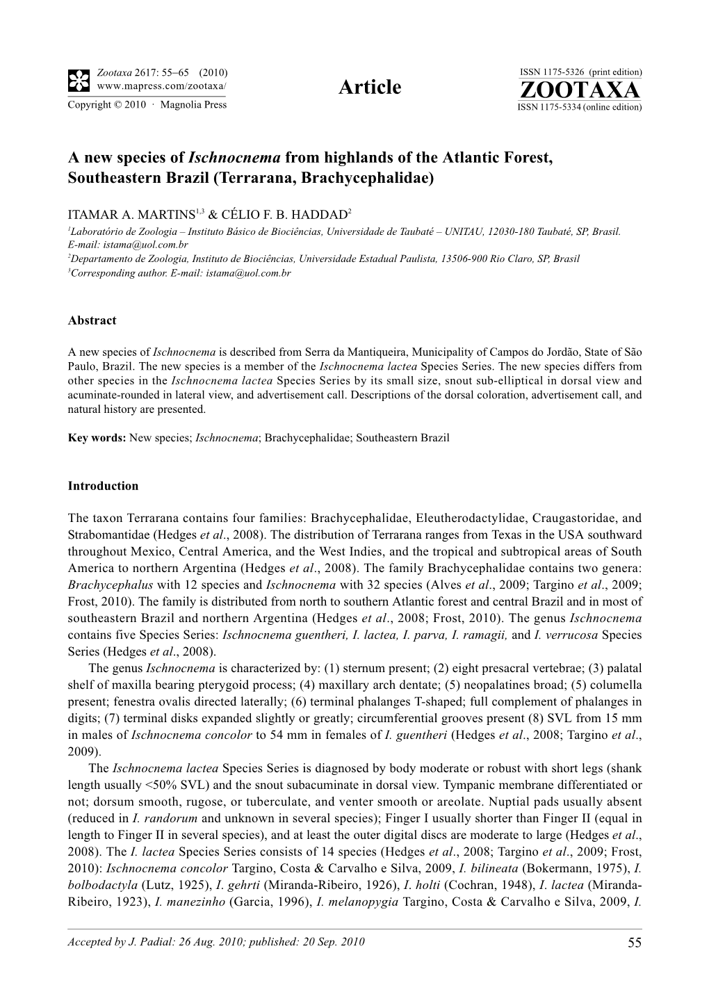 Zootaxa, a New Species of Ischnocnema from Highlands of the Atlantic Forest