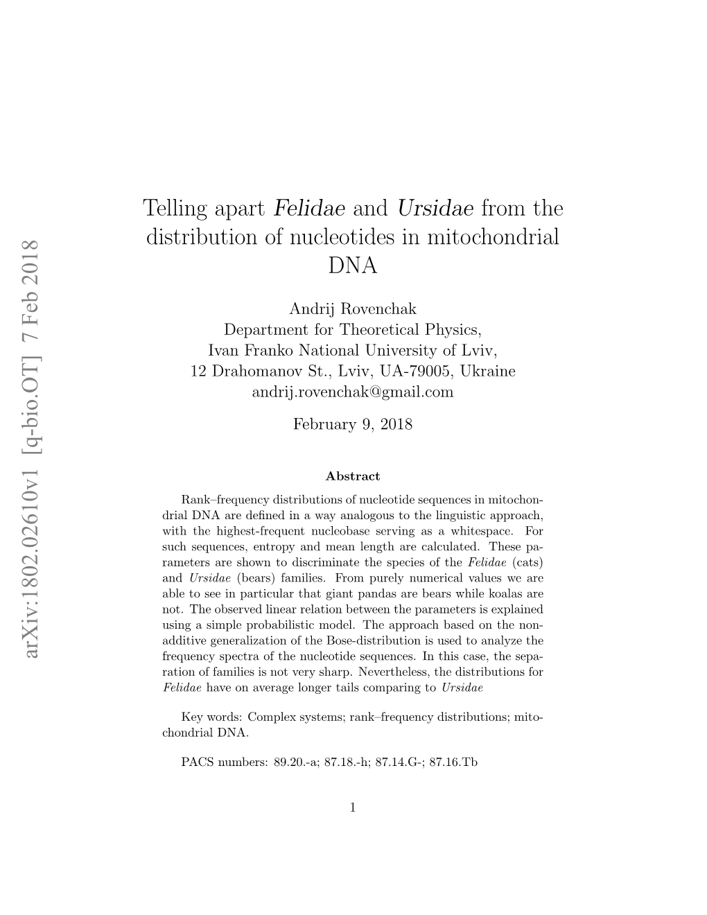 Telling Apart Felidae and Ursidae from the Distribution of Nucleotides in Mitochondrial DNA