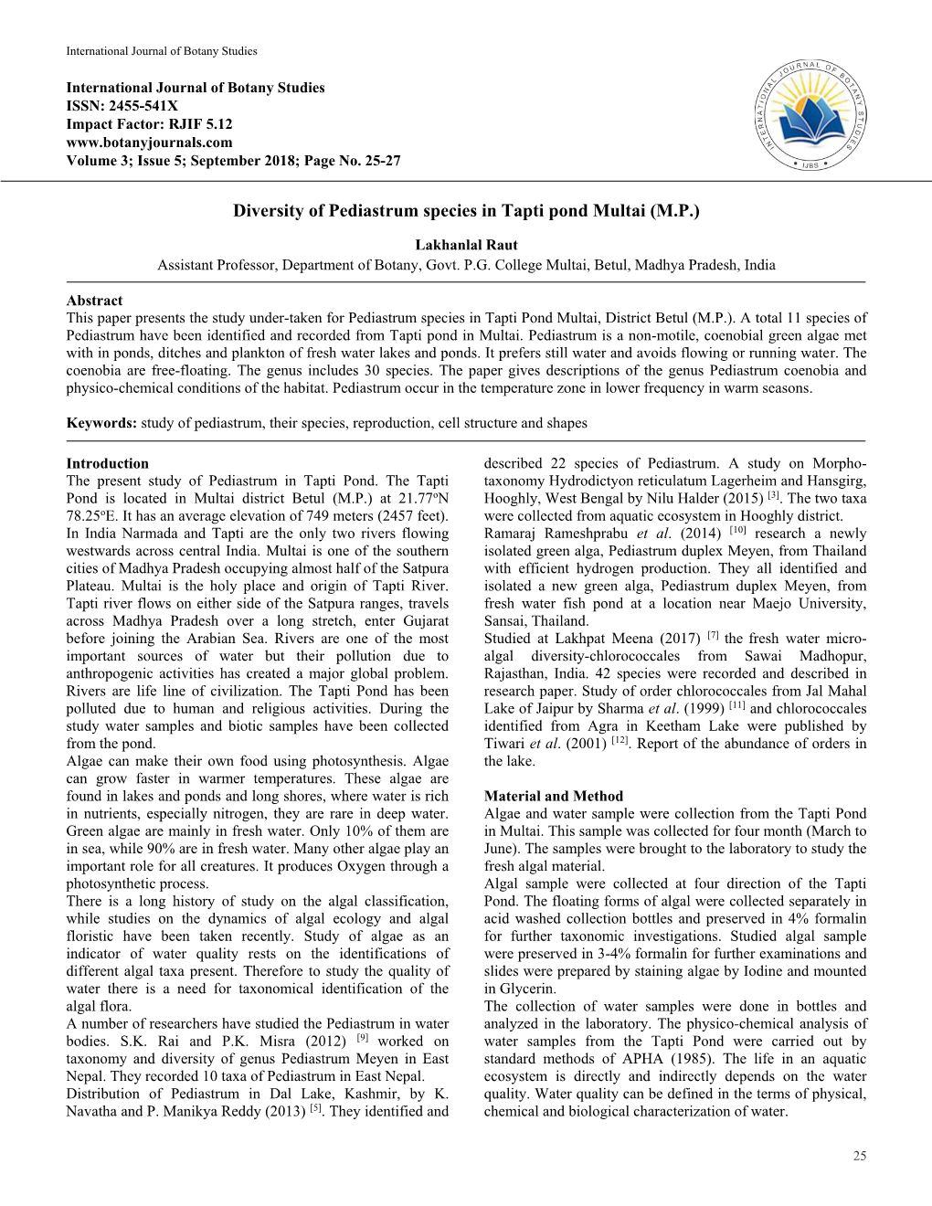 Diversity of Pediastrum Species in Tapti Pond Multai (M.P.)