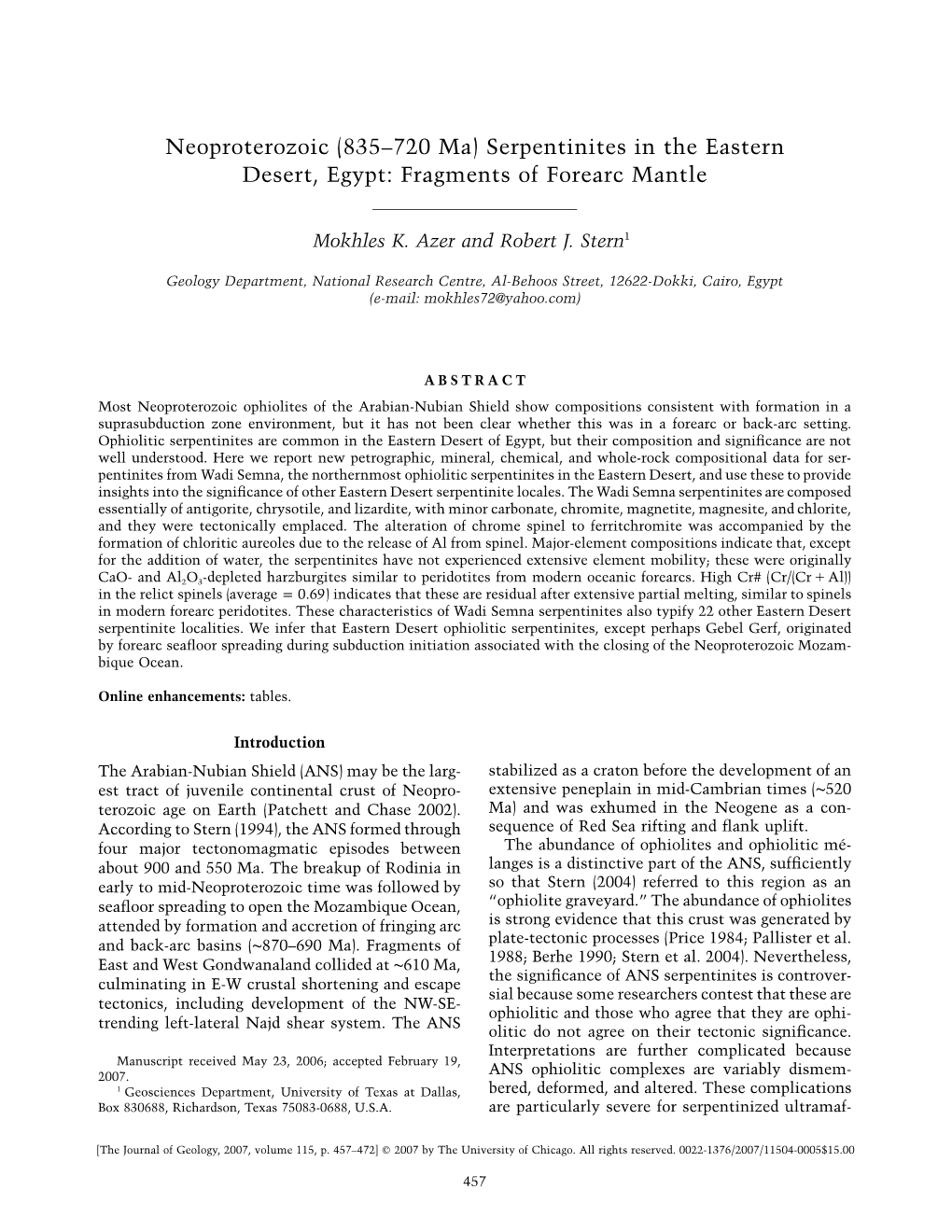 Serpentinites in the Eastern Desert, Egypt: Fragments of Forearc Mantle