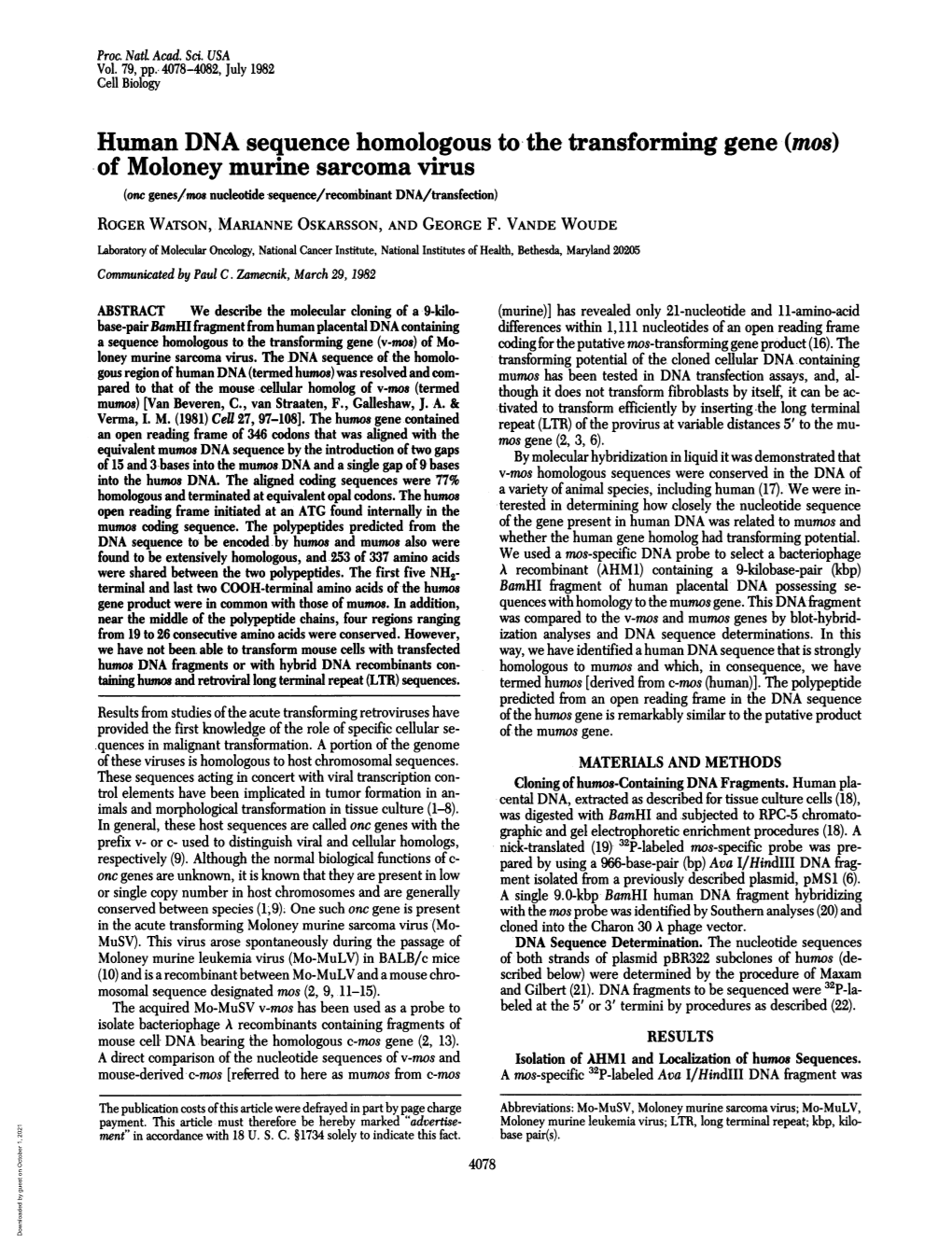 Human DNA Sequence Homologous to the Transforming Gene (Mos)