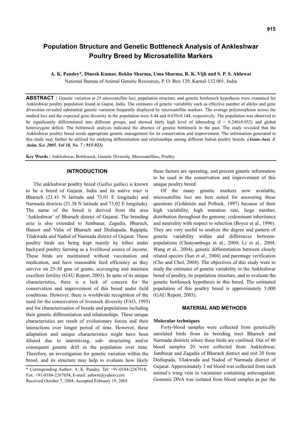 Population Structure and Genetic Bottleneck Analysis of Ankleshwar Poultry Breed by Microsatellite Markers