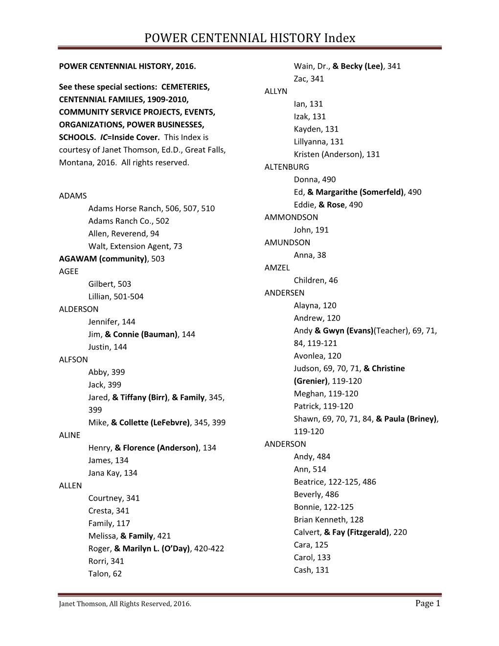 POWER CENTENNIAL HISTORY Index