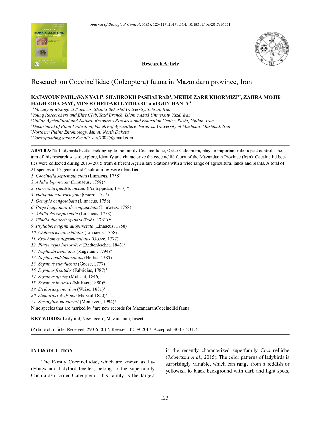 Research on Coccinellidae (Coleoptera) Fauna in Mazandarn Province, Iran