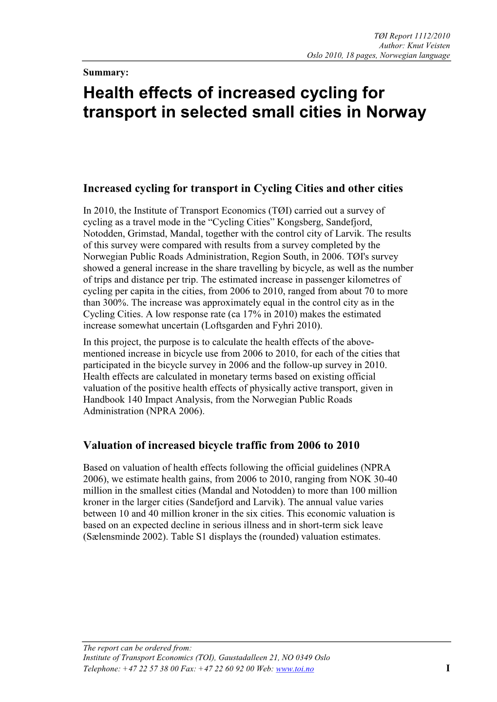 Health Effects of Increased Cycling for Transport in Selected Small Cities in Norway