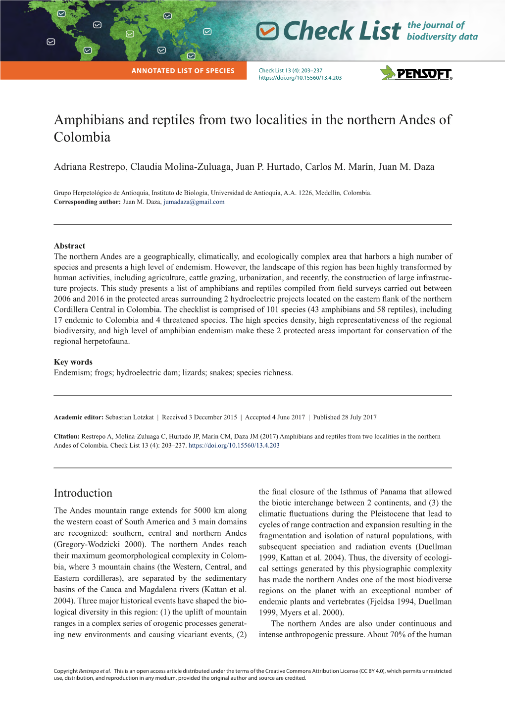 Amphibians and Reptiles from Two Localities in the Northern Andes of Colombia