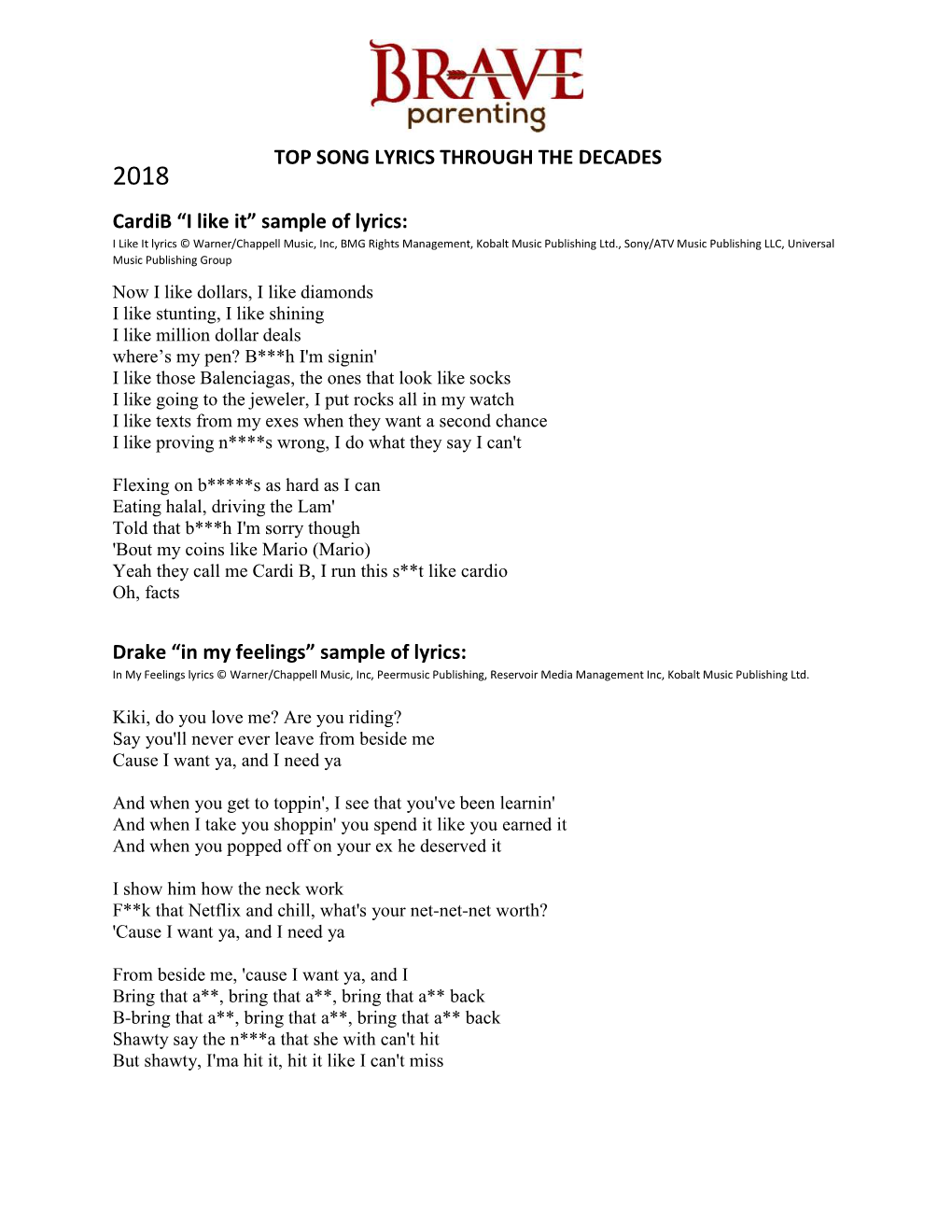 Cardib “I Like It” Sample of Lyrics: Drake “In My Feelings” Sample of Lyrics: TOP SONG LYRICS THROUGH the DECADES