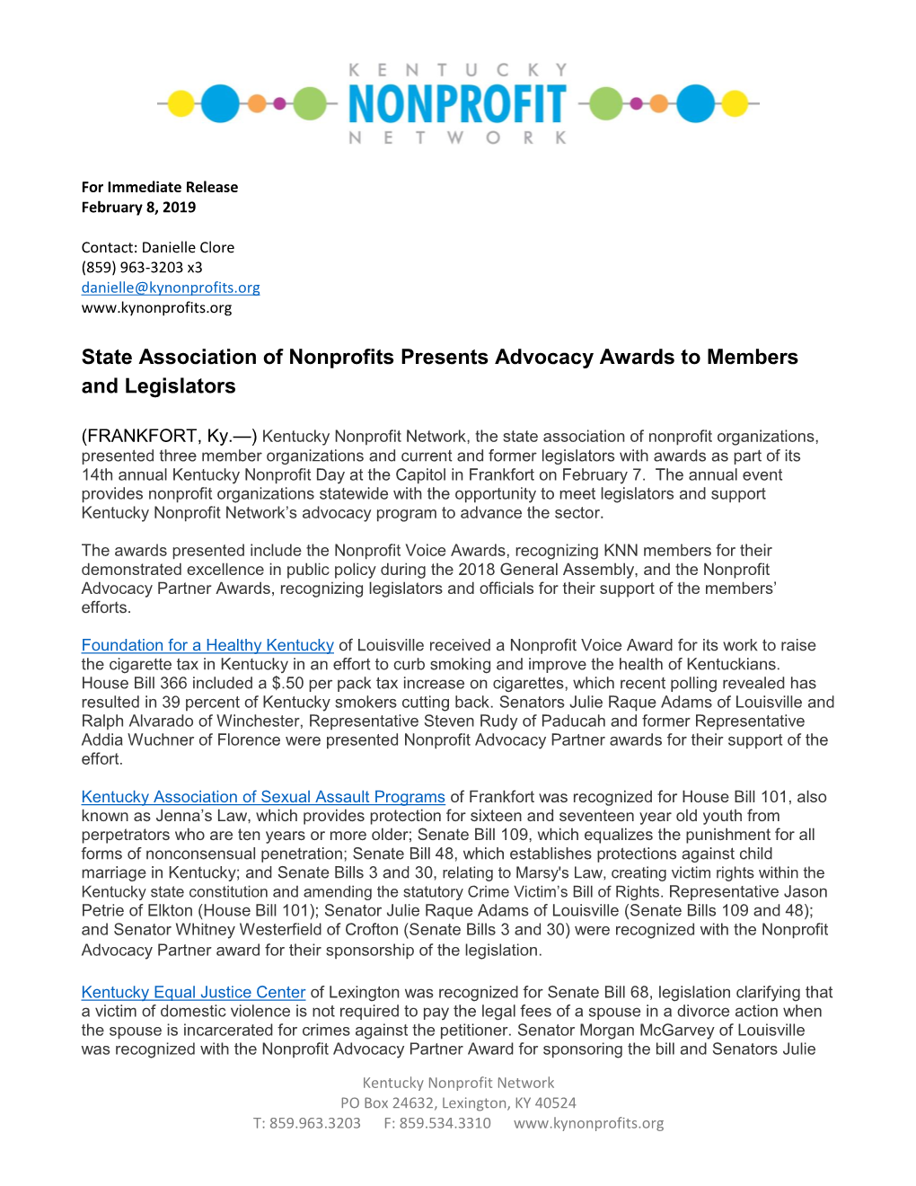 State Association of Nonprofits Presents Advocacy Awards to Members and Legislators