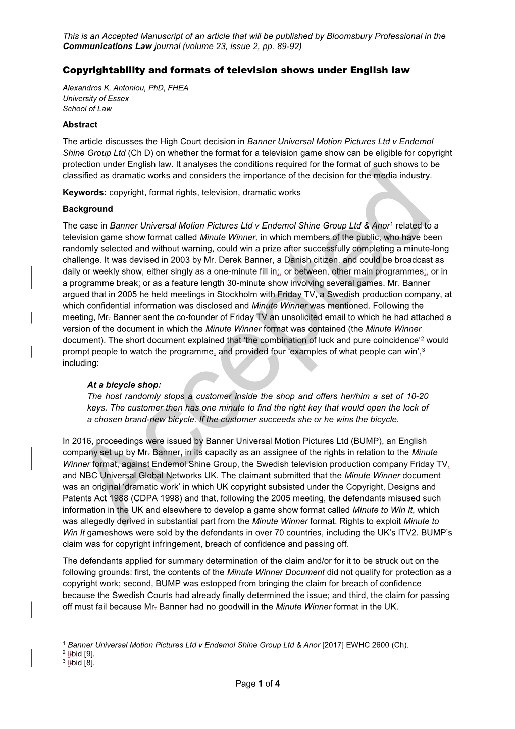 Copyrightability and Formats of Television Shows Under English Law