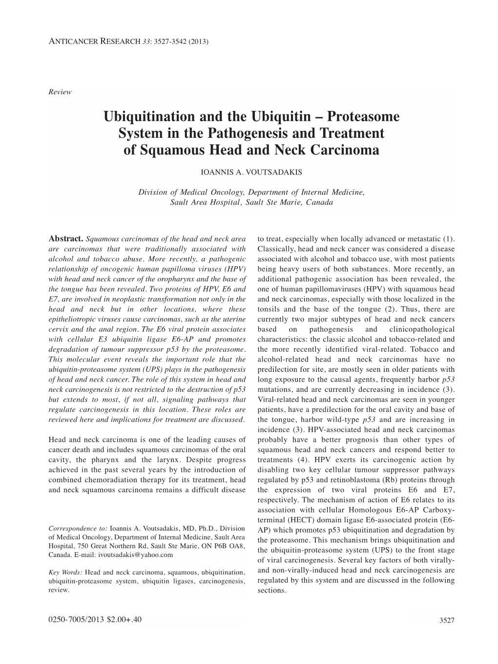 Proteasome System in the Pathogenesis and Treatment of Squamous Head and Neck Carcinoma