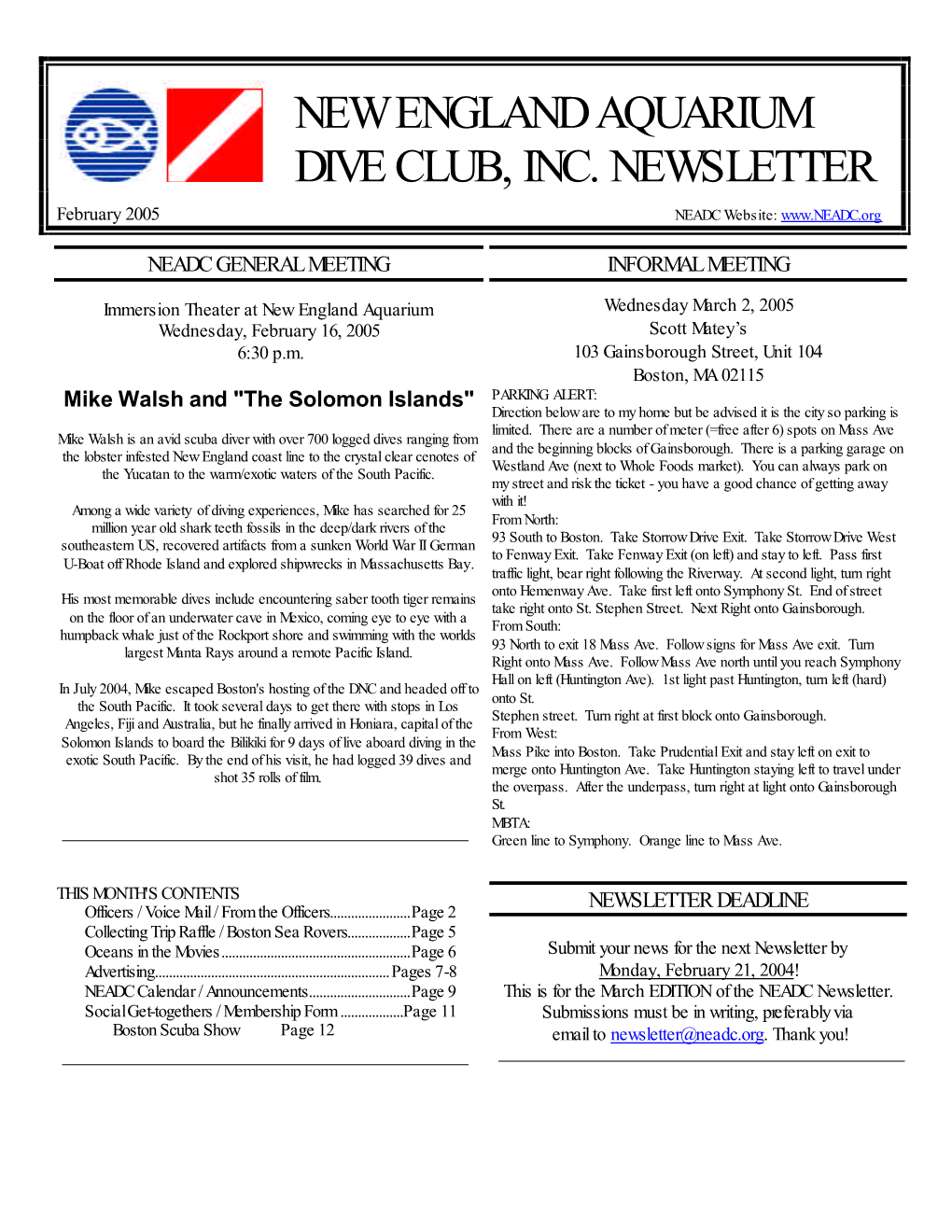 New England Aquarium Dive Club, Inc. Newsletter