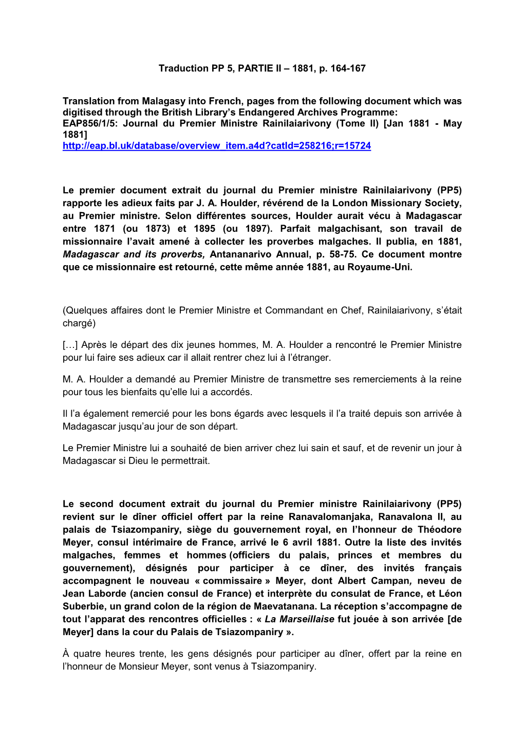 Traduction PP 5, PARTIE II – 1881, P. 164-167 Translation from Malagasy Into French, Pages from the Following Document Which W