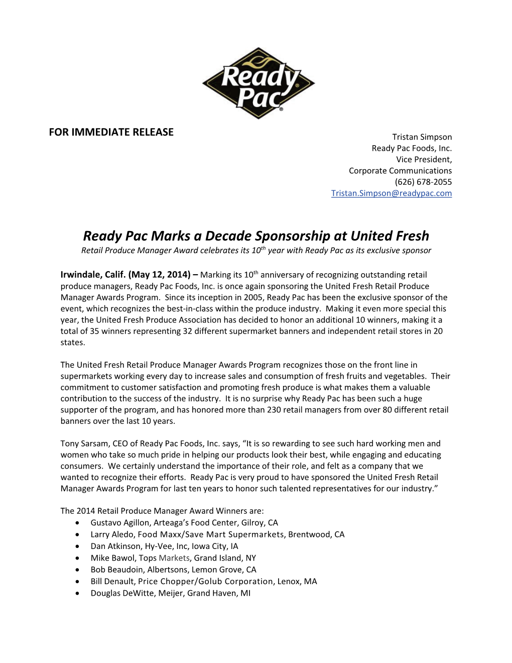 Ready Pac Marks a Decade Sponsorship at United Fresh Retail Produce Manager Award Celebrates Its 10Th Year with Ready Pac As Its Exclusive Sponsor