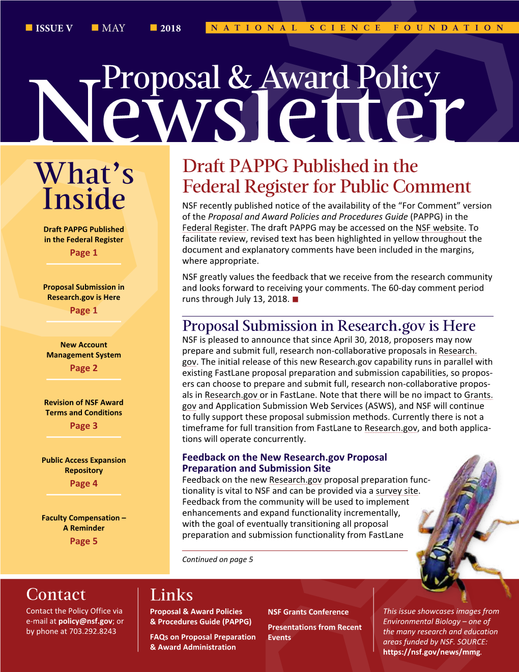 NSF Proposal and Award Policy Newsletter, Issue V, May 2018 (Nsf18078)