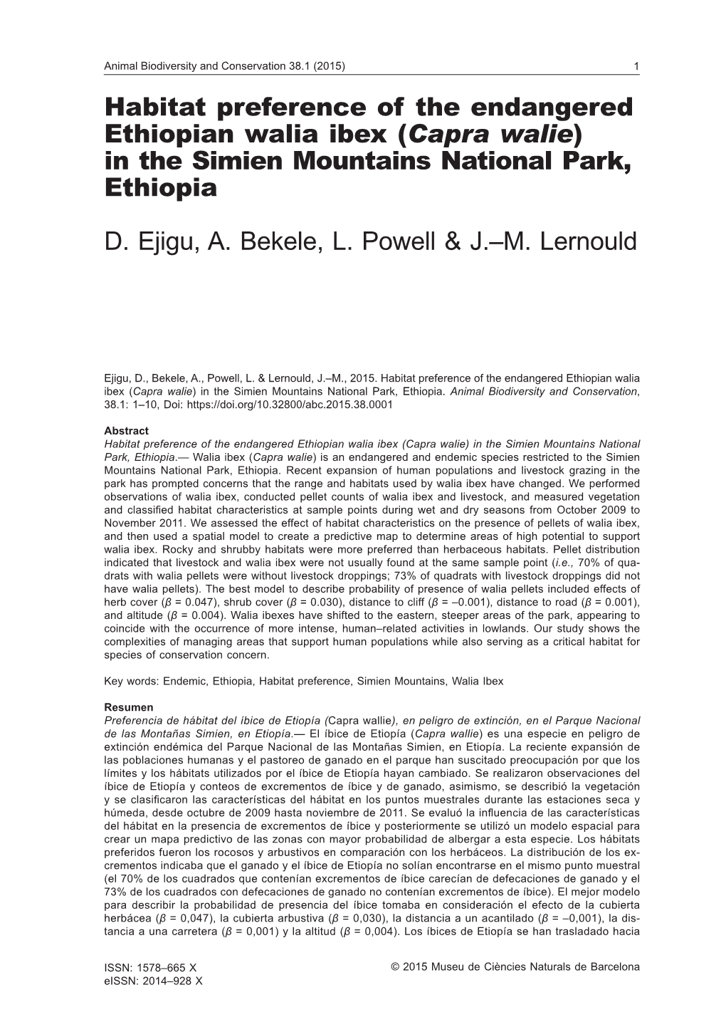 Habitat Preference of the Endangered Ethiopian Walia Ibex (Capra Walie) in the Simien Mountains National Park, Ethiopia