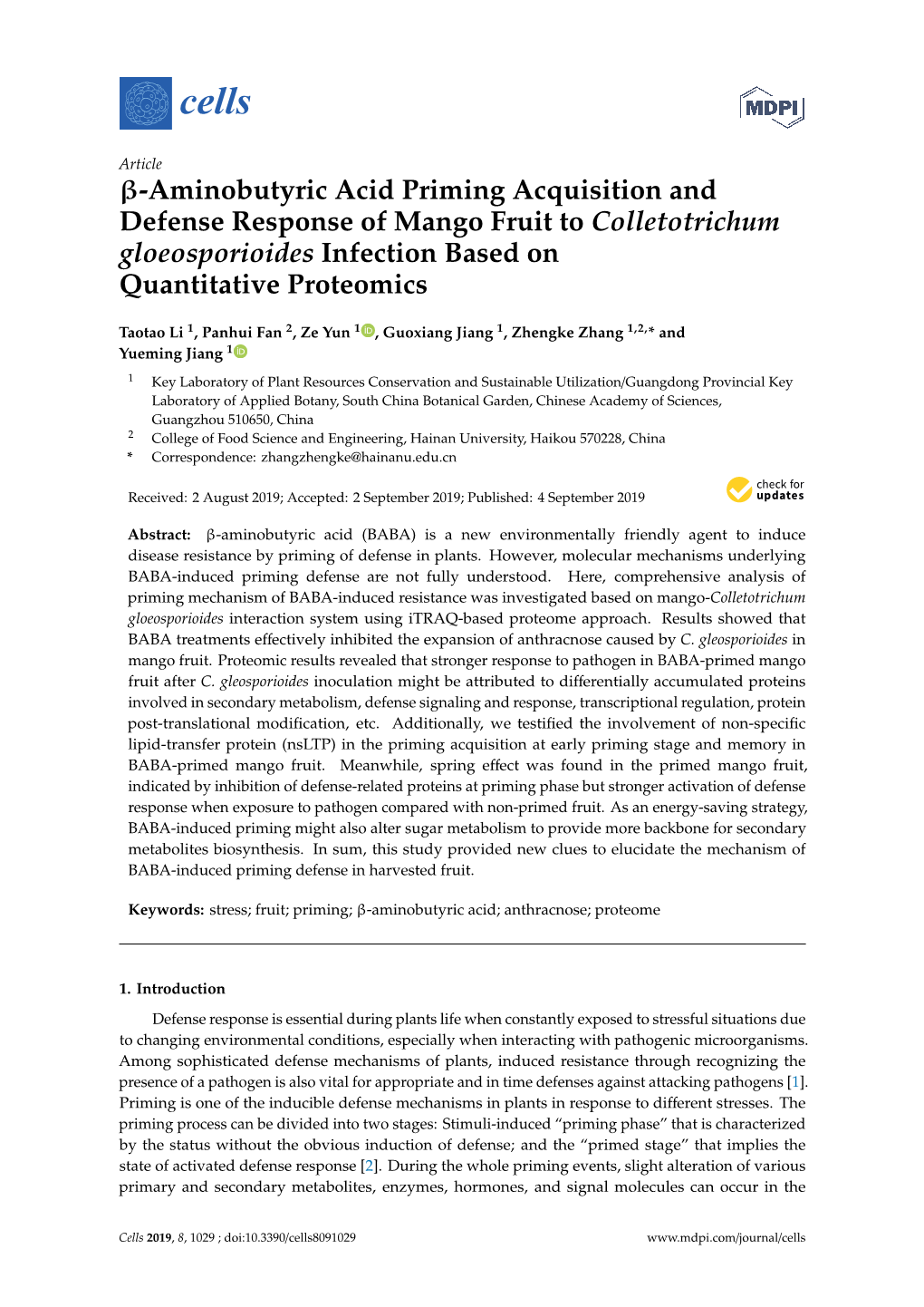 Aminobutyric Acid Priming Acquisition and Defense Response of Mango Fruit to Colletotrichum Gloeosporioides Infection Based on Quantitative Proteomics