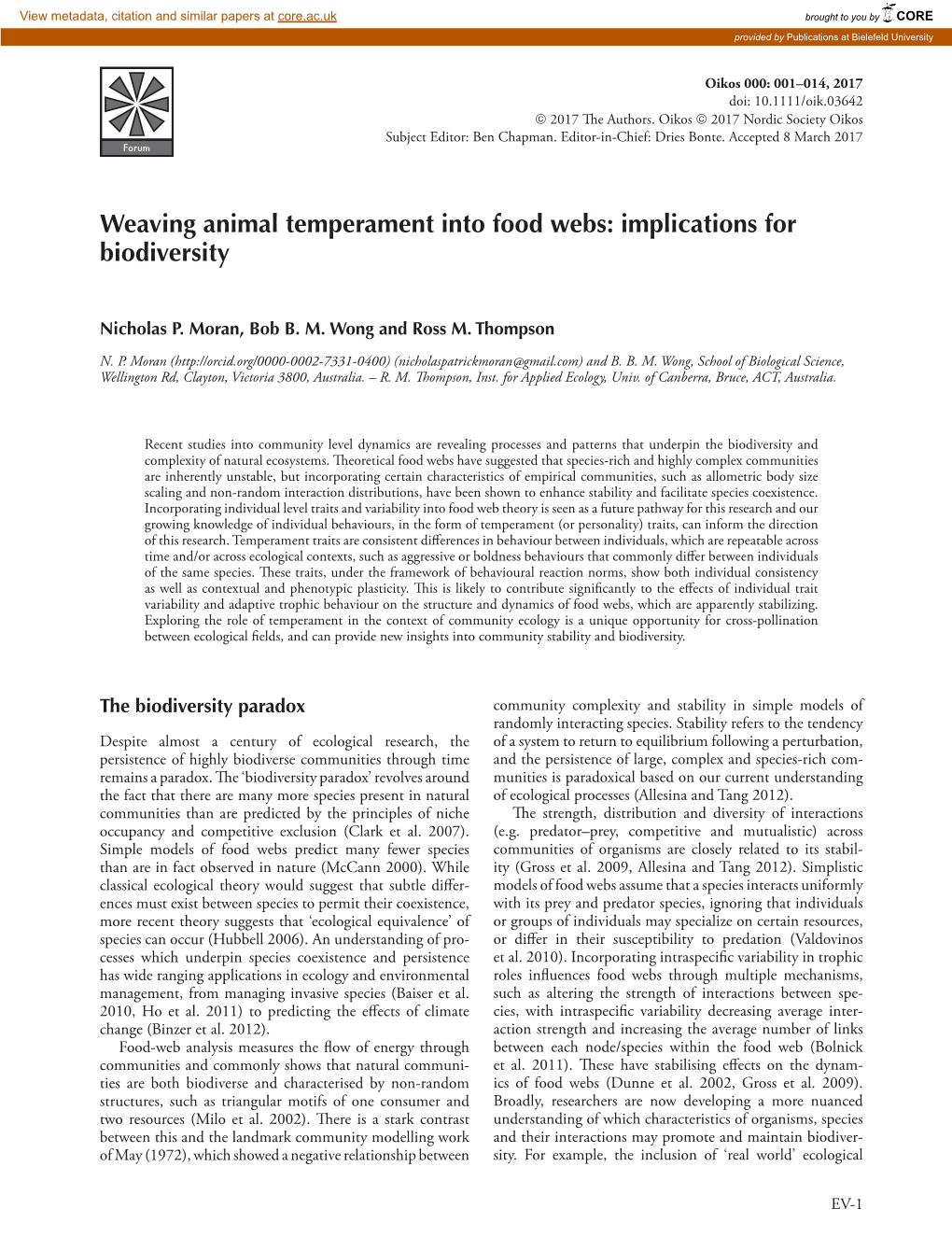 Weaving Animal Temperament Into Food Webs: Implications for Biodiversity