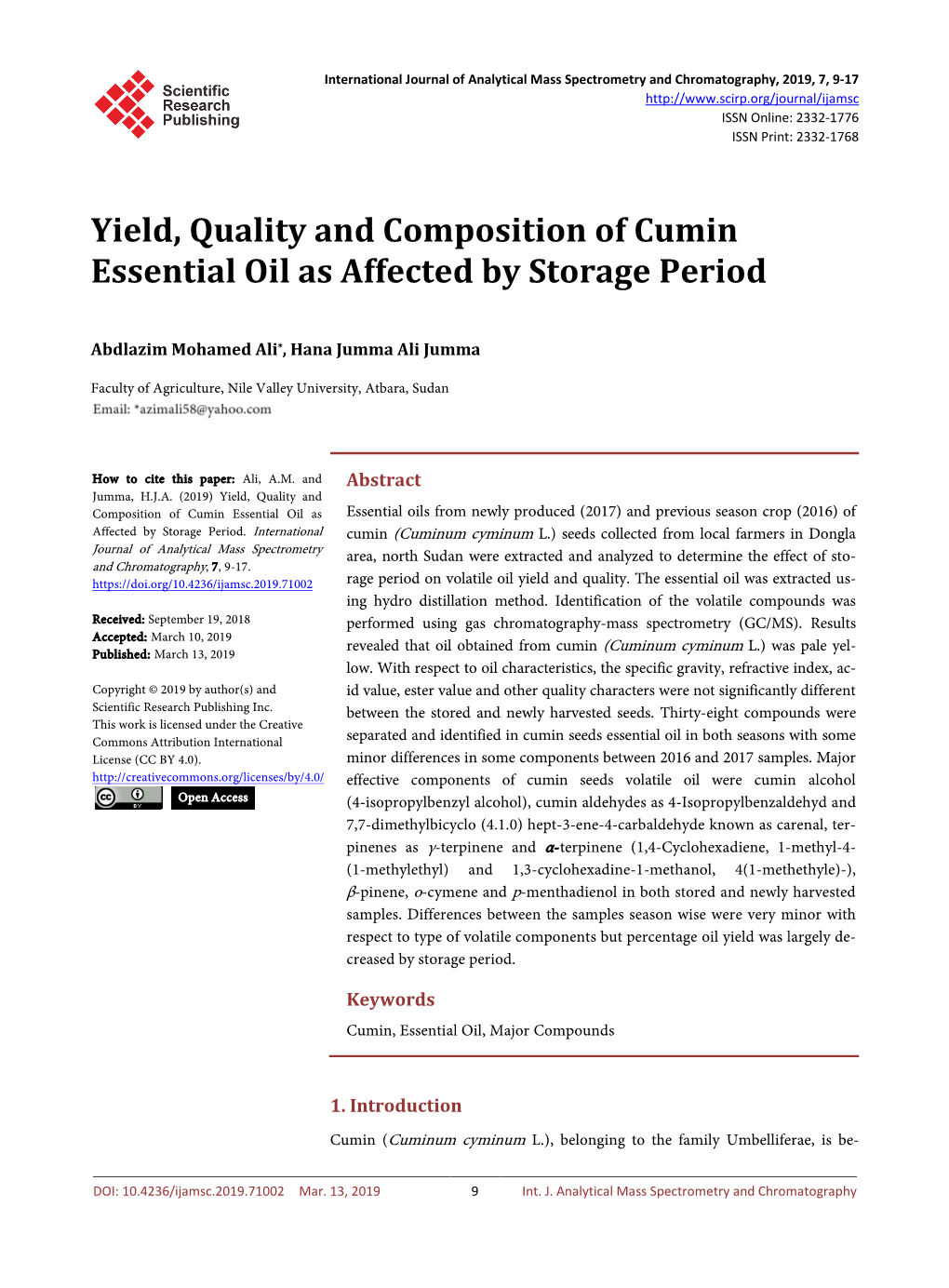 Yield, Quality and Composition of Cumin Essential Oil As Affected by Storage Period