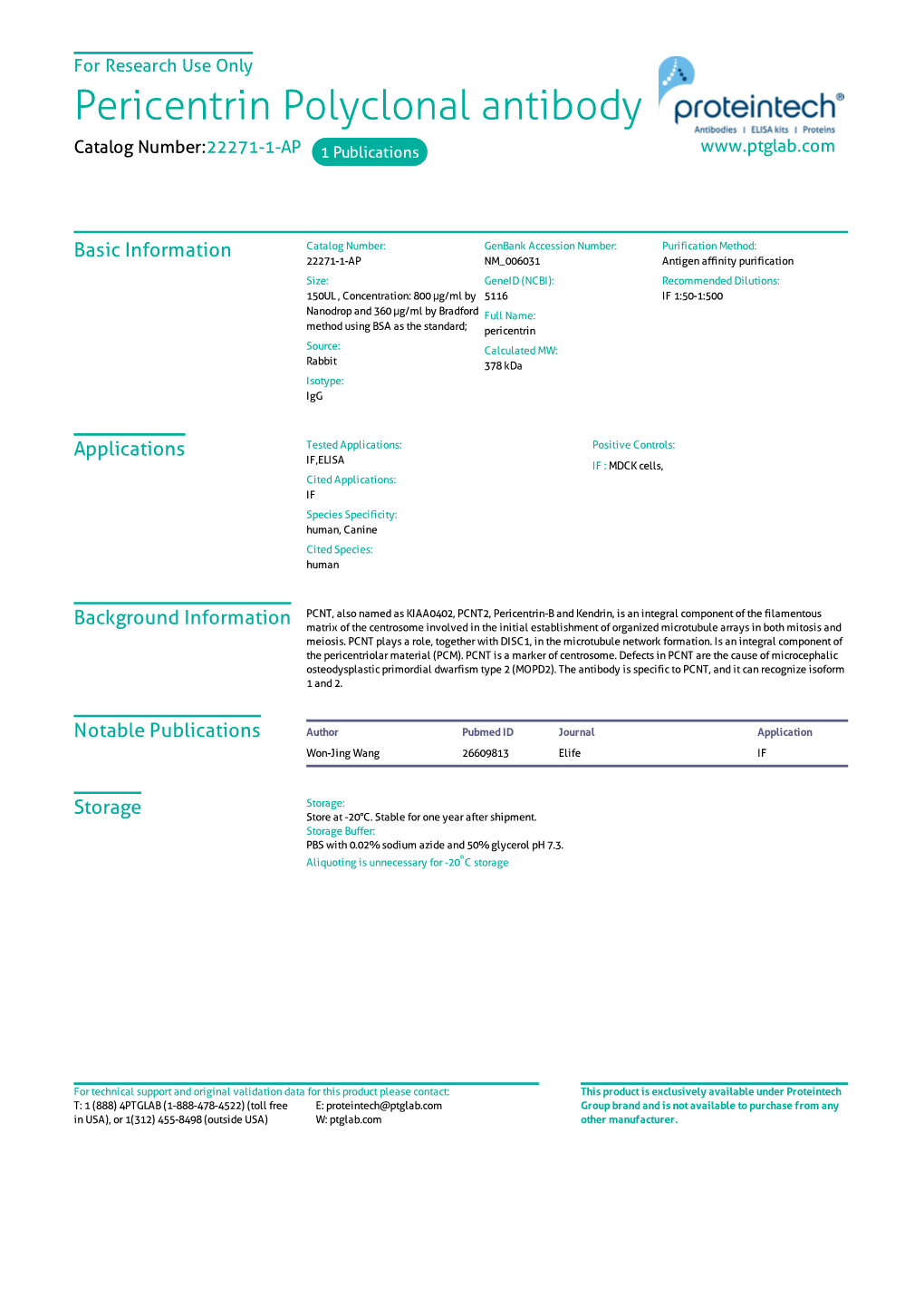 Pericentrin Polyclonal Antibody Catalog Number:22271-1-AP 1 Publications