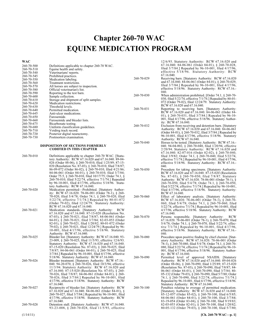 Chapter 260-70 WAC EQUINE MEDICATION PROGRAM