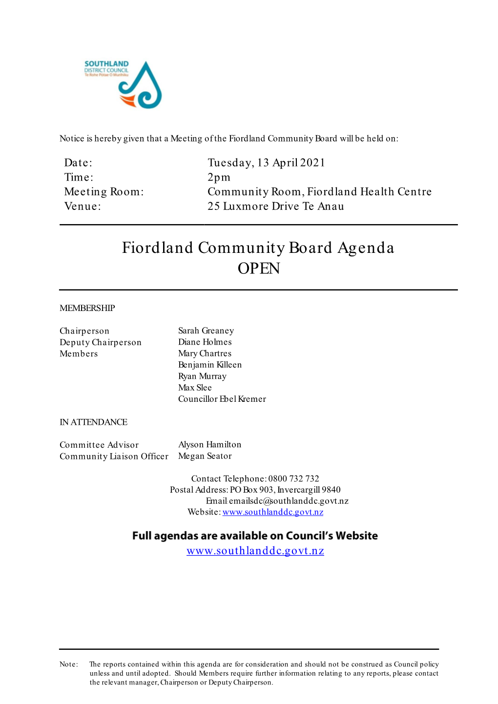 Agenda of Fiordland Community Board