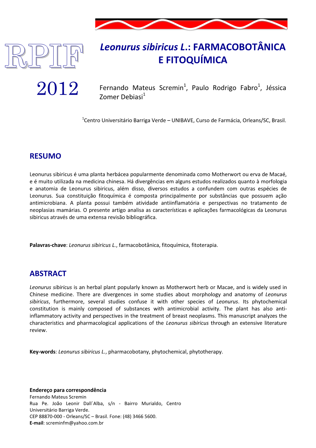 Leonurus Sibiricus L.: FARMACOBOTÂNICA RPIF E FITOQUÍMICA