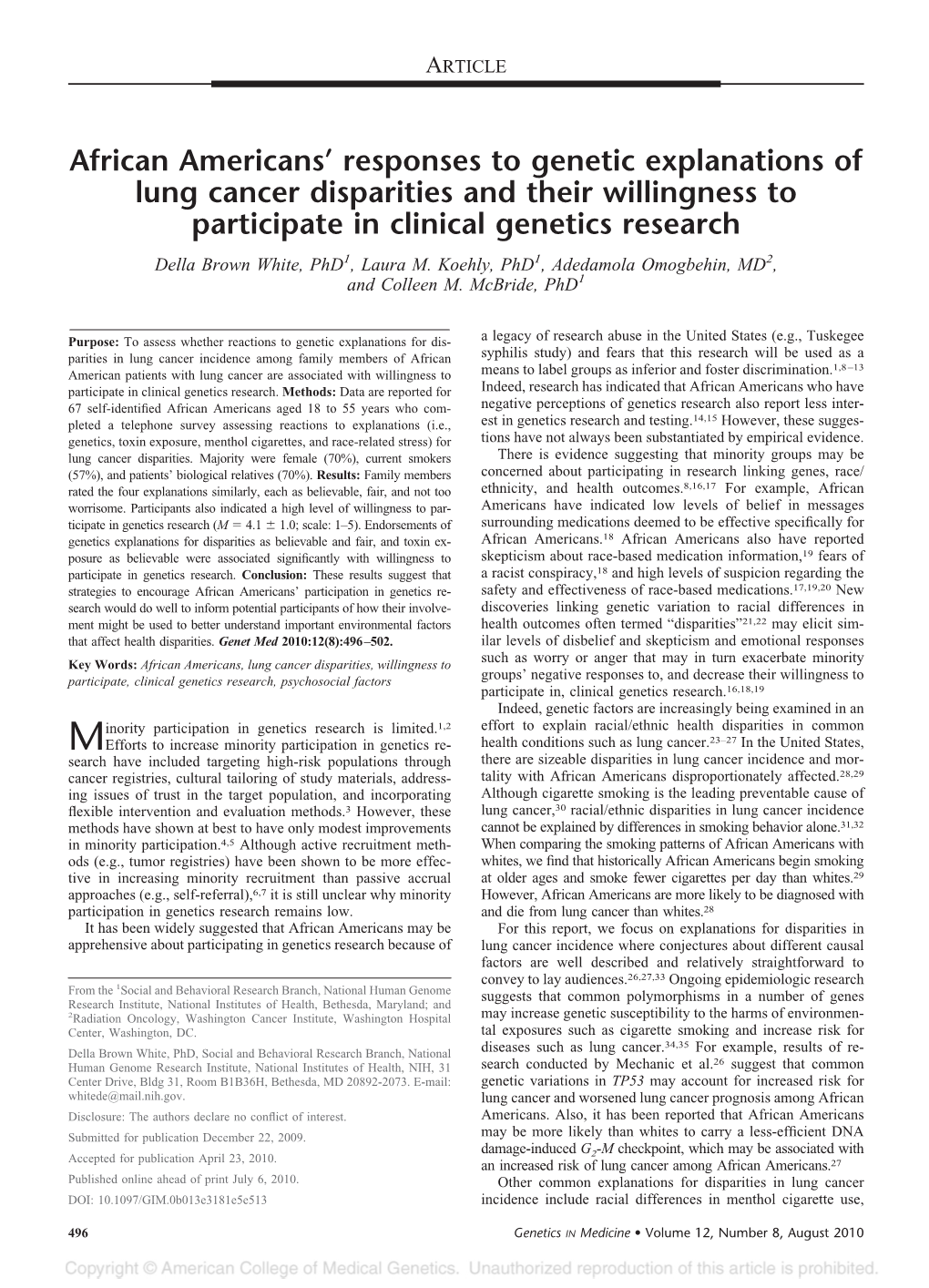 African Americans' Responses to Genetic Explanations of Lung Cancer Disparities and Their Willingness to Participate in Clinic