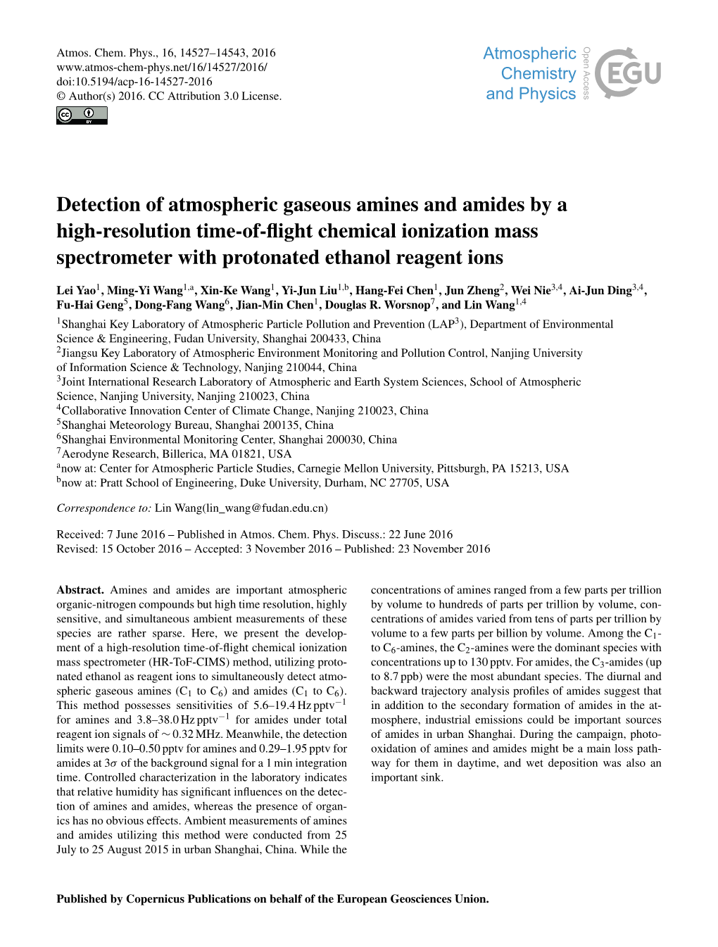 Detection of Atmospheric Gaseous Amines and Amides by a High-Resolution Time-Of-ﬂight Chemical Ionization Mass Spectrometer with Protonated Ethanol Reagent Ions