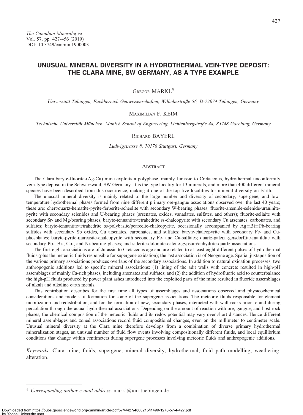 Unusual Mineral Diversity in a Hydrothermal Vein-Type Deposit: the Clara Mine, Sw Germany, As a Type Example