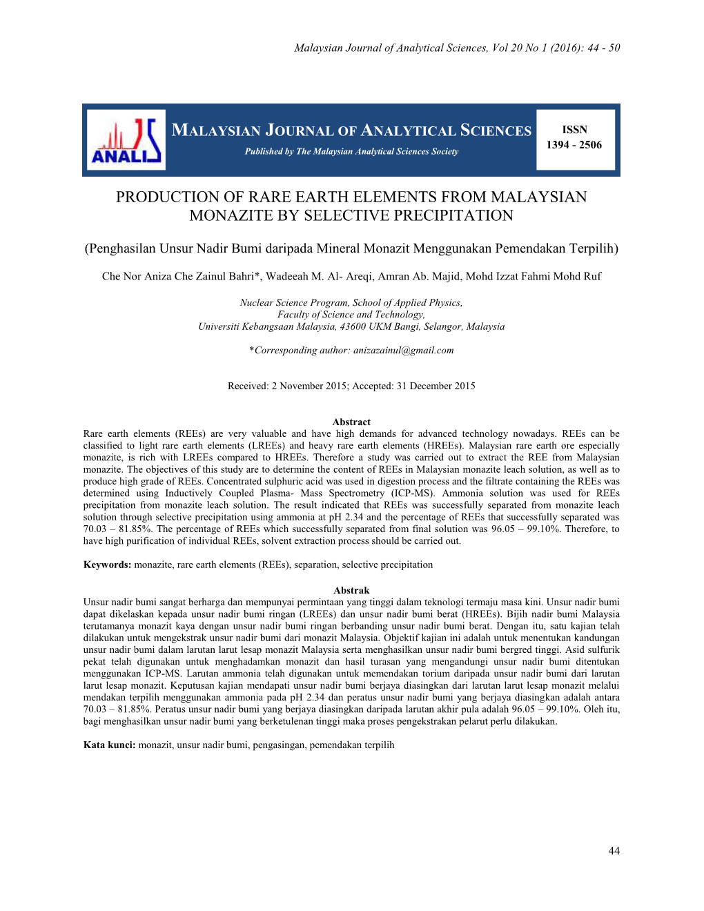 Production of Rare Earth Elements from Malaysian Monazite by Selective Precipitation