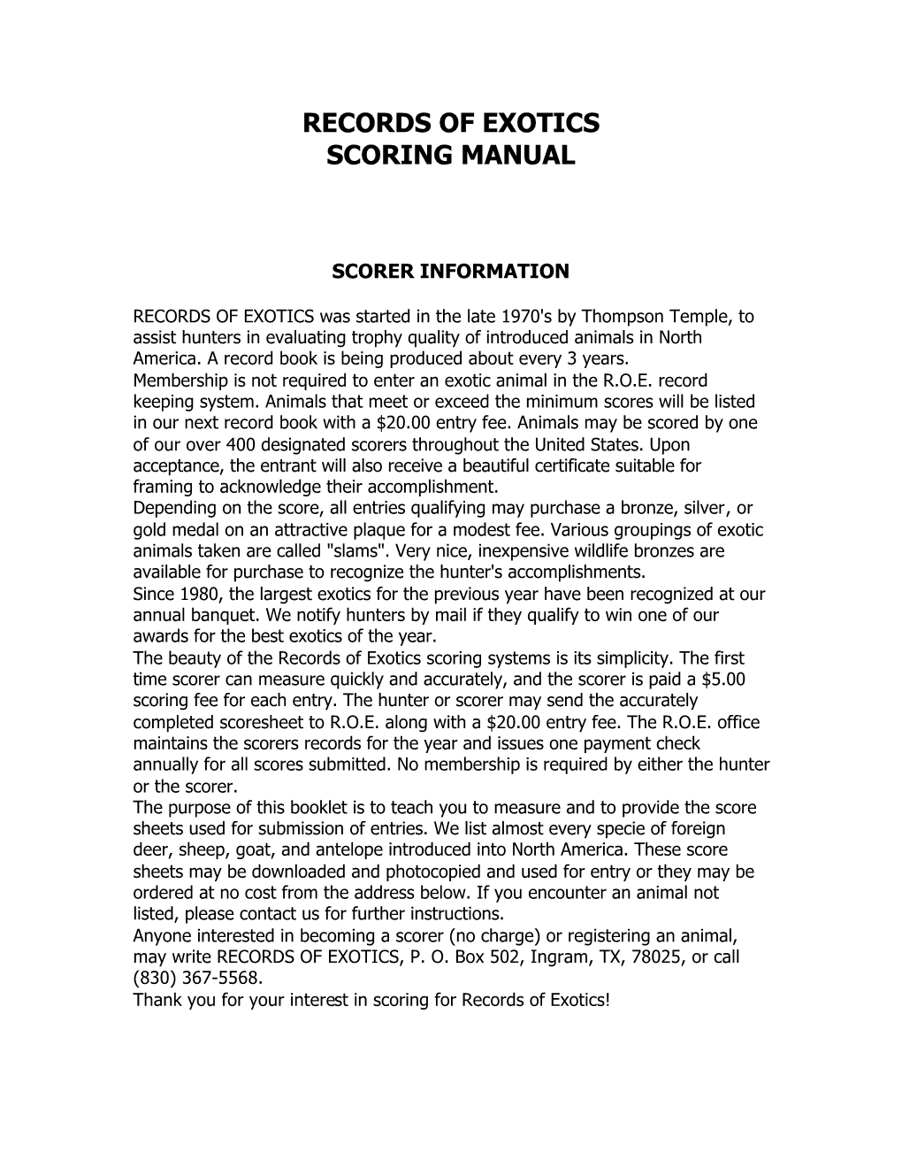 Records of Exotics Scoring Manual