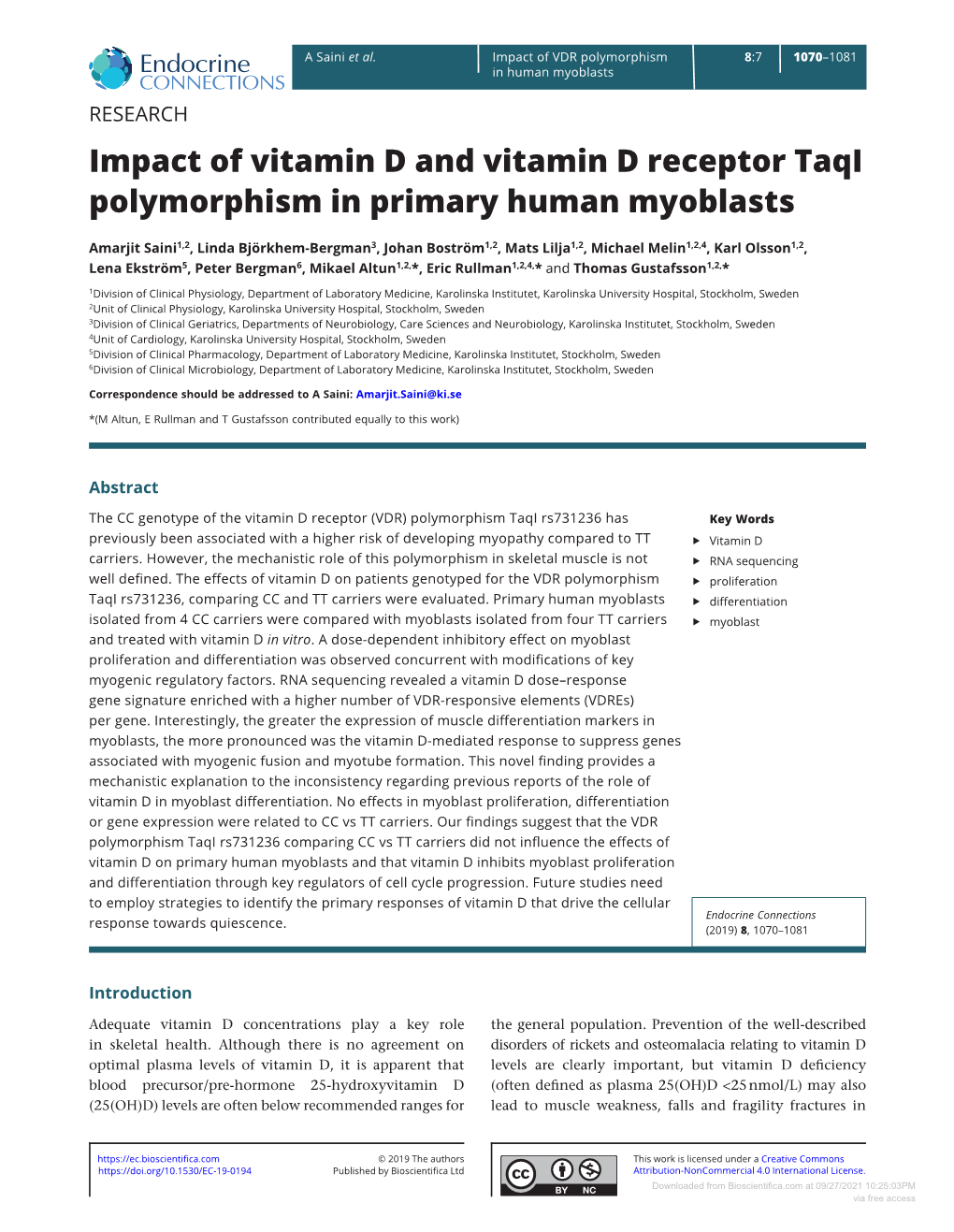 Impact of Vitamin D and Vitamin D Receptor Taqi Polymorphism in Primary Human Myoblasts