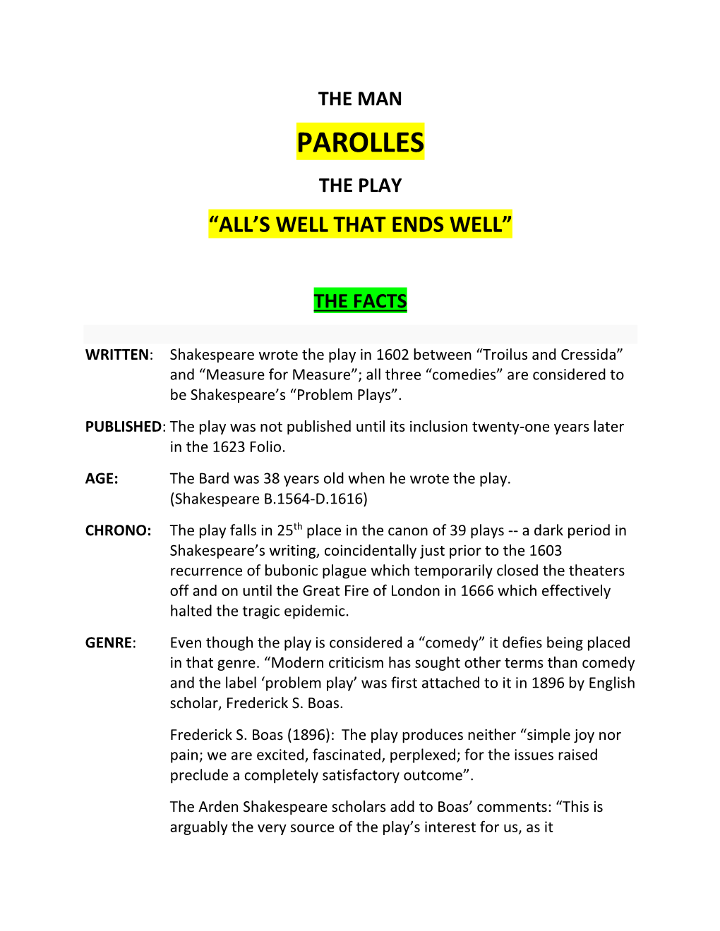 Parolles the Play “All’S Well That Ends Well”